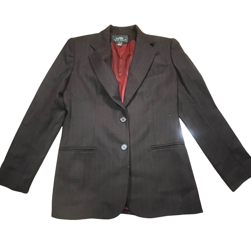 Lauren Ralph Lauren Womens Brown Pinstripe Worsted Wool Blazer Jacket Size 6